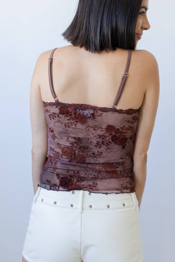 Floral Flocked Mesh Cami Top