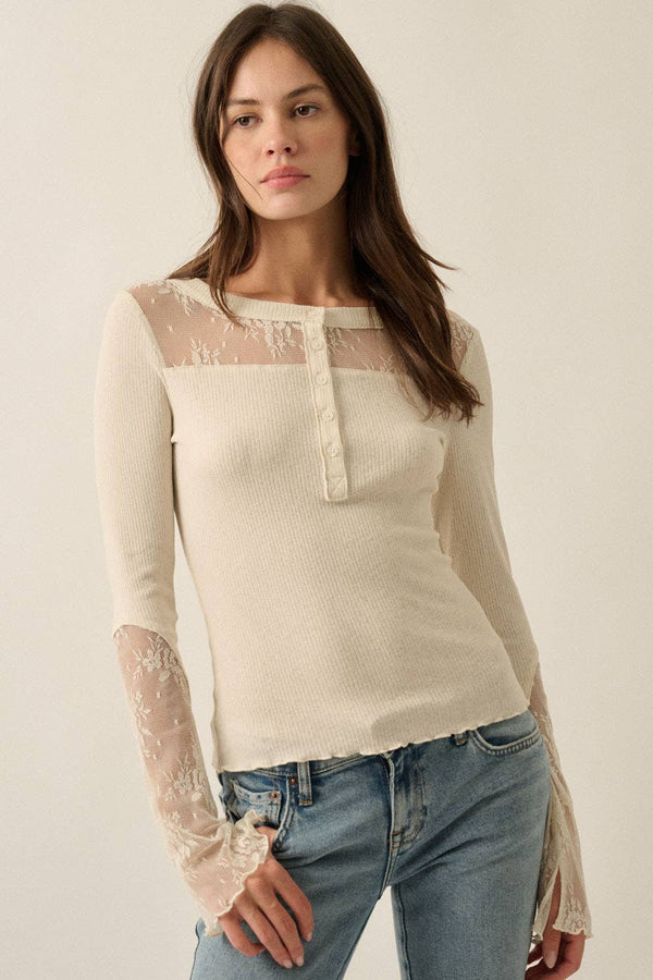 Ribbed Knit and Lace Henley Top