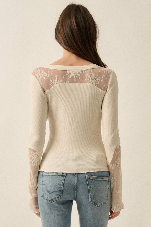 Ribbed Knit and Lace Henley Top