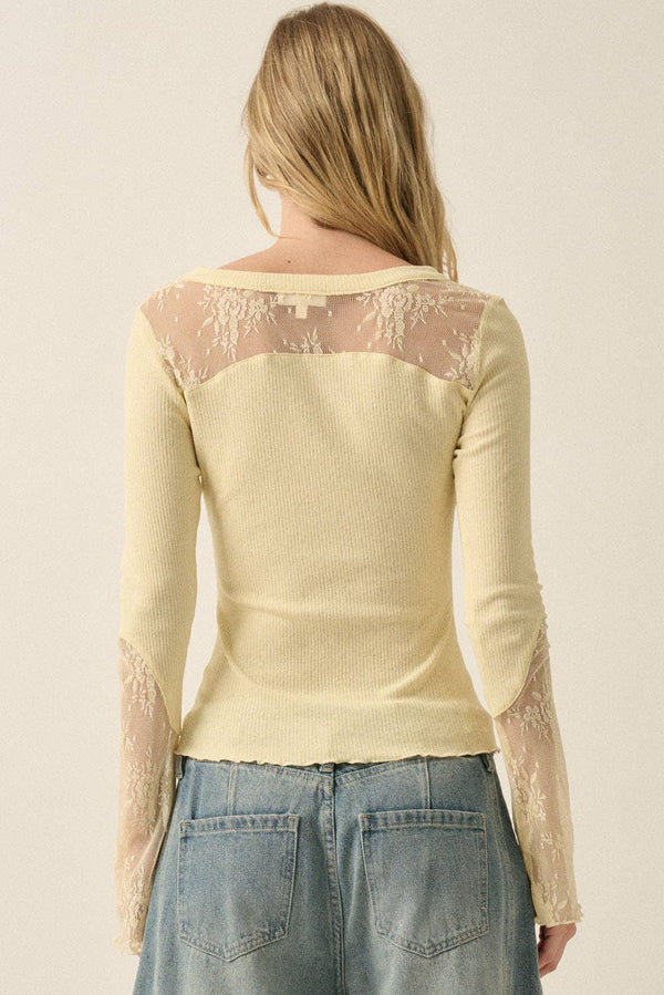 Ribbed Knit and Lace Henley Top