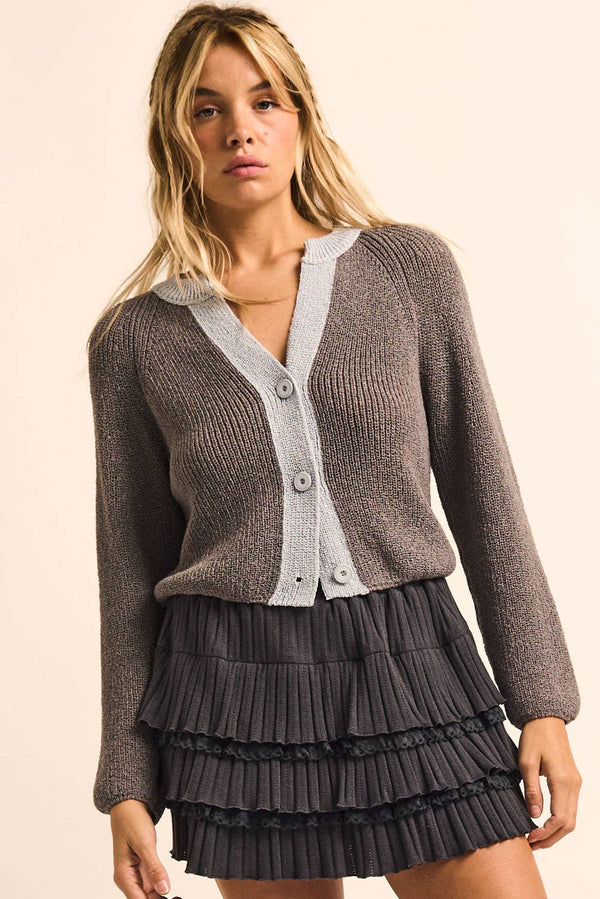 Ribbed Knit Contrast Cardigan Sweater