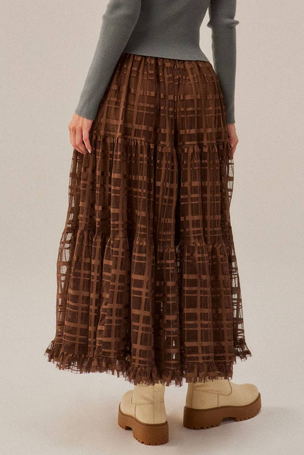 Plaid Tulle Tiered Ruffle Maxi Skirt