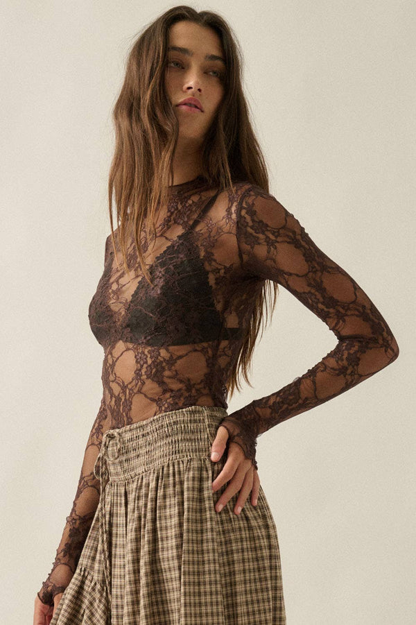 Sheer Floral Lace Mock-Neck Long-Sleeve Thumbhole Top