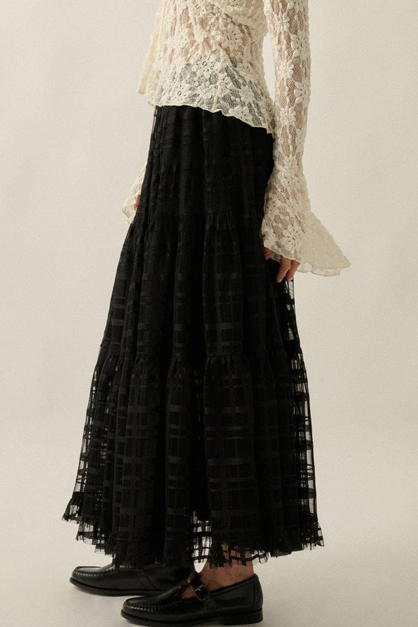 Plaid Tulle Tiered Ruffle Maxi Skirt