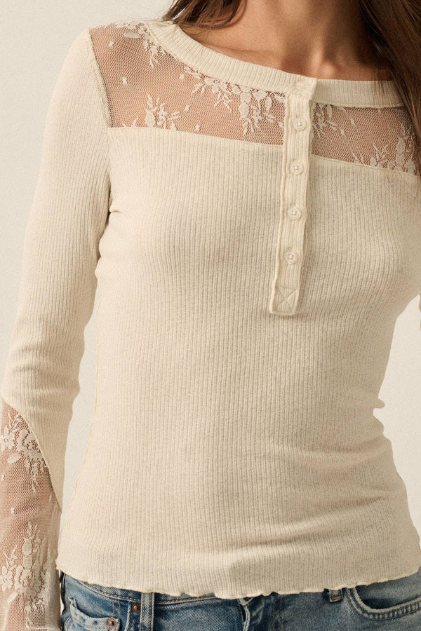 Ribbed Knit and Lace Henley Top