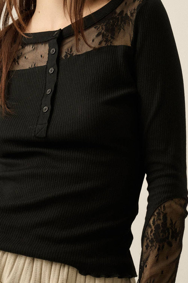 Ribbed Knit and Lace Henley Top