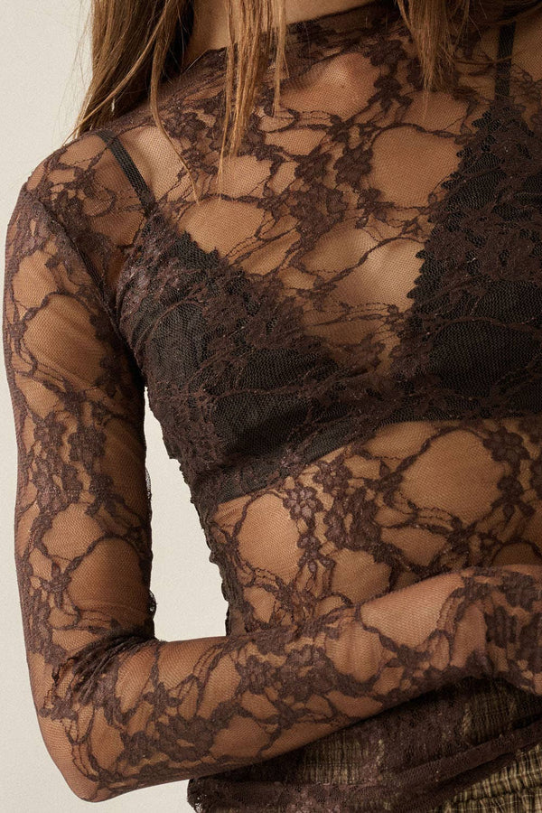 Sheer Floral Lace Mock-Neck Long-Sleeve Thumbhole Top