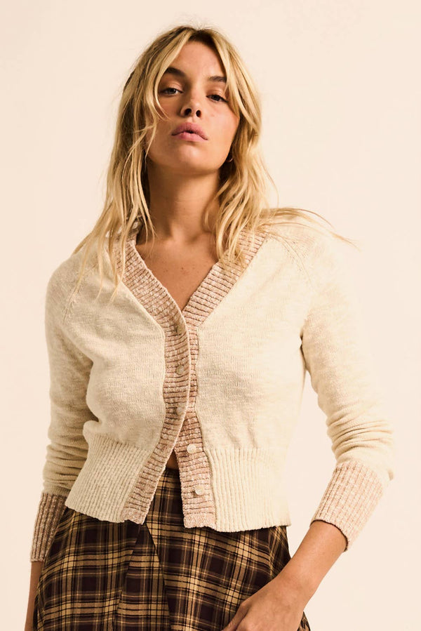 Marled Knit Button-Front V-Neck Raglan-Sleeve Cardigan