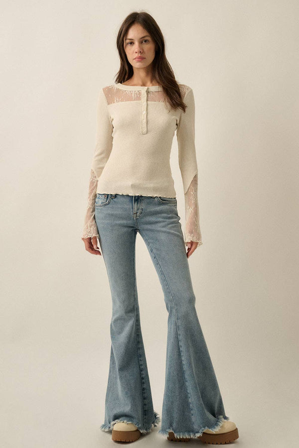 Ribbed Knit and Lace Henley Top