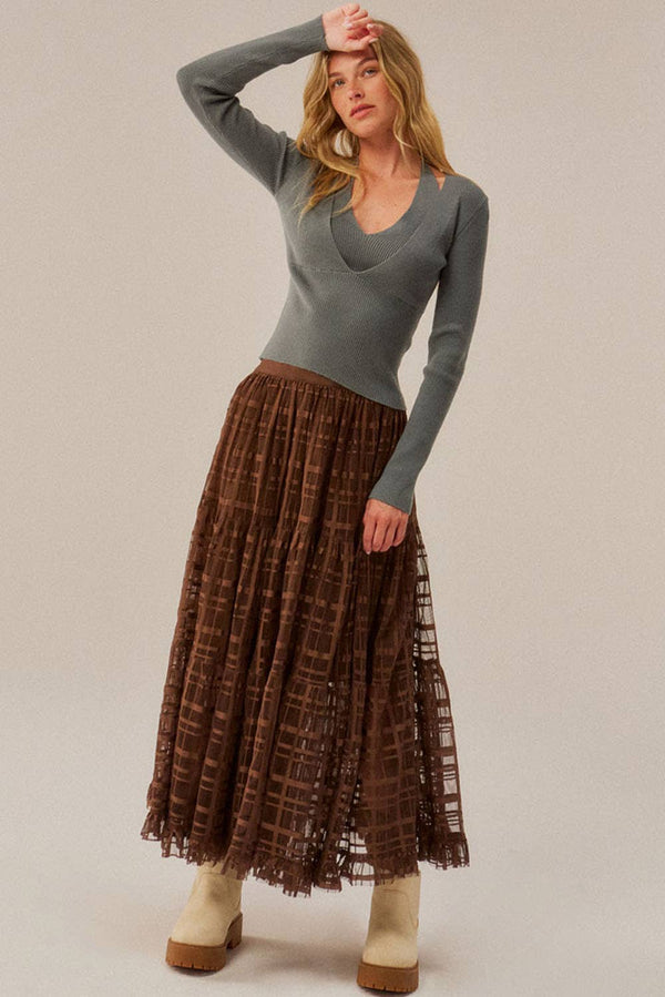 Plaid Tulle Tiered Ruffle Maxi Skirt
