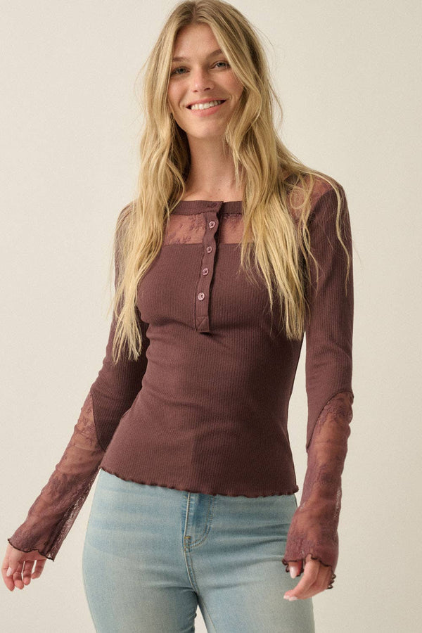 Ribbed Knit and Lace Henley Top
