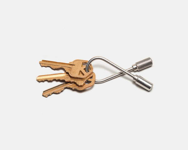 Set of keys attached to a metal keychain on a white background
