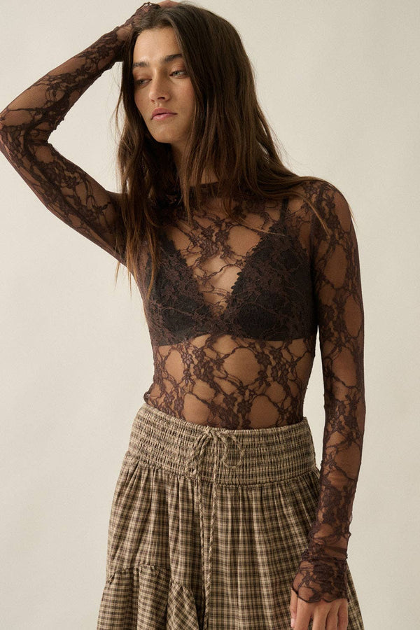 Sheer Floral Lace Mock-Neck Long-Sleeve Thumbhole Top