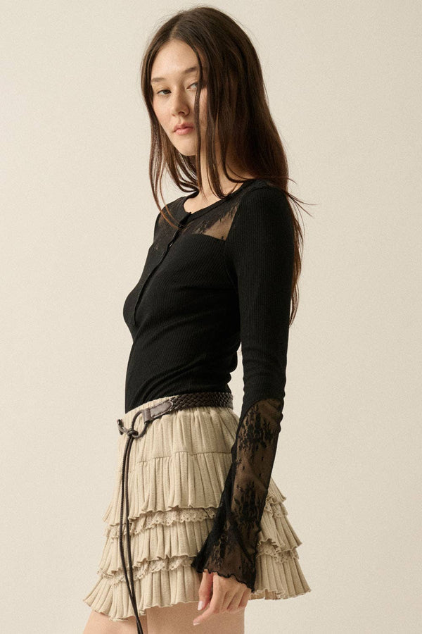 Ribbed Knit and Lace Henley Top