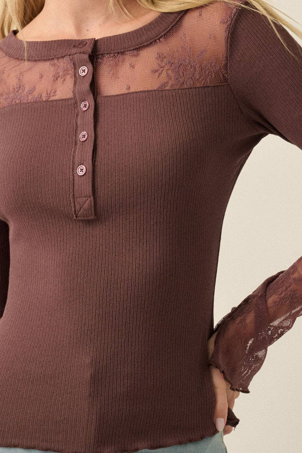 Ribbed Knit and Lace Henley Top