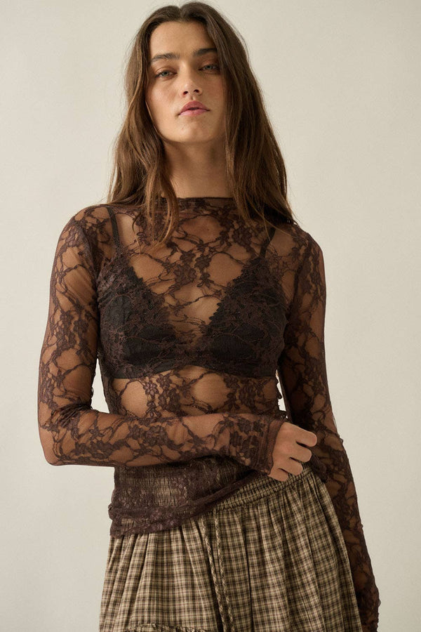 Sheer Floral Lace Mock-Neck Long-Sleeve Thumbhole Top