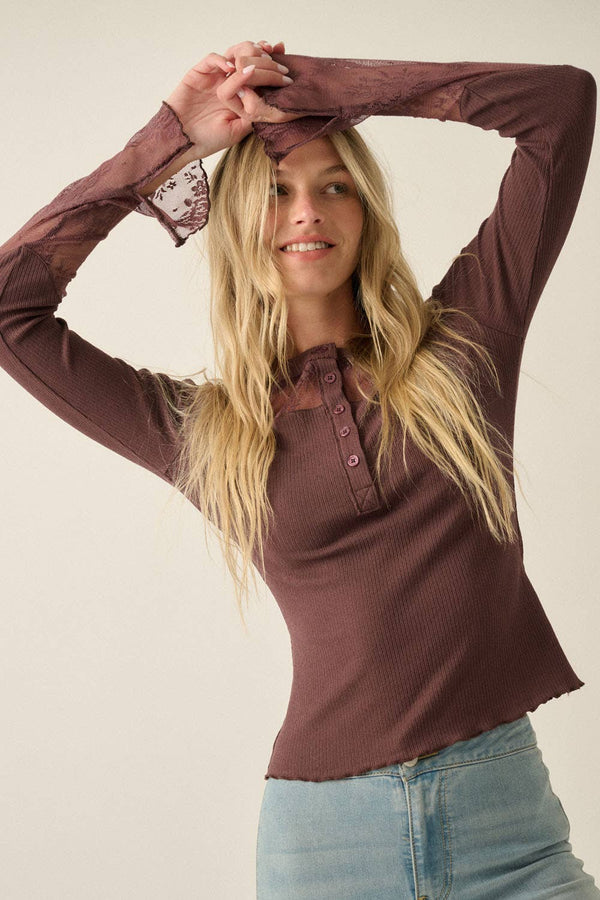 Ribbed Knit and Lace Henley Top