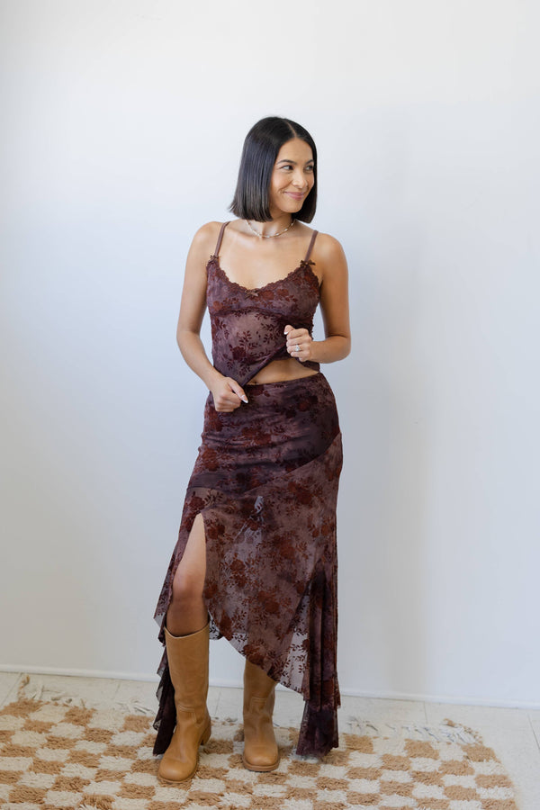 Floral Mesh Asymmetrical Maxi Skirt