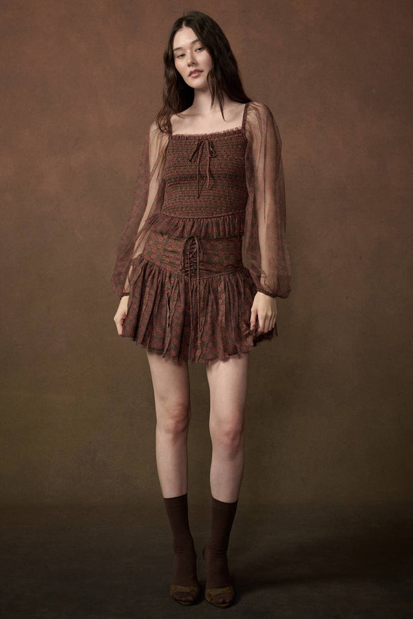 Floral-Print Layered Tulle Mini Skort