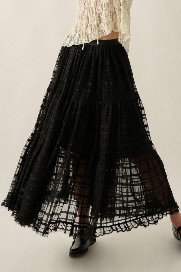 Plaid Tulle Tiered Ruffle Maxi Skirt