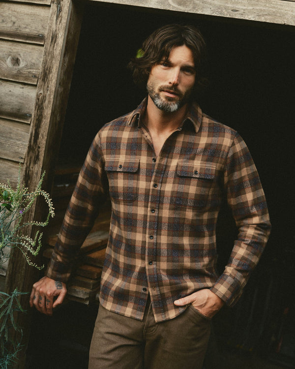 fit model showing off The Yosemite Shirt in Buckeye Plaid
