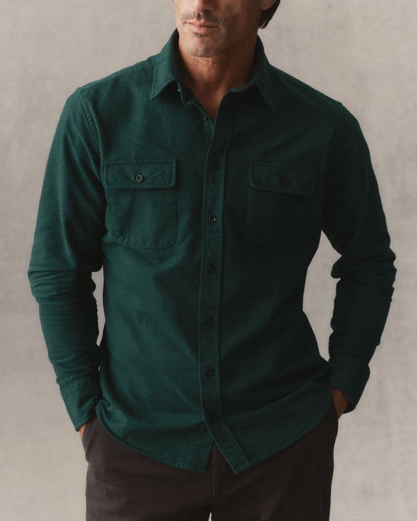 fit model posing in The Yosemite Shirt in Dark Forest
