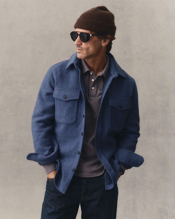 fit model showing off The Maritime Shirt Jacket in Heather Navy Wool