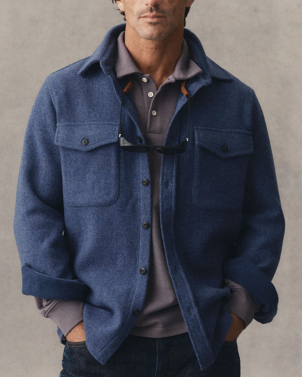 fit model wearing The Maritime Shirt Jacket in Heather Navy Wool