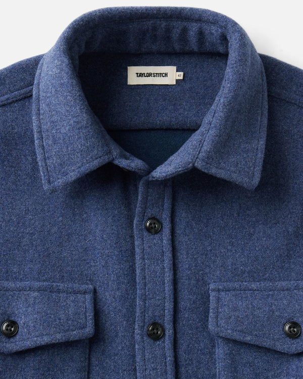 material shot of the collar on The Maritime Shirt Jacket in Heather Navy Wool