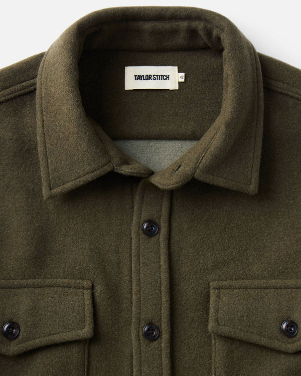 material shot of the collar on The Maritime Shirt Jacket in Heather Olive Wool