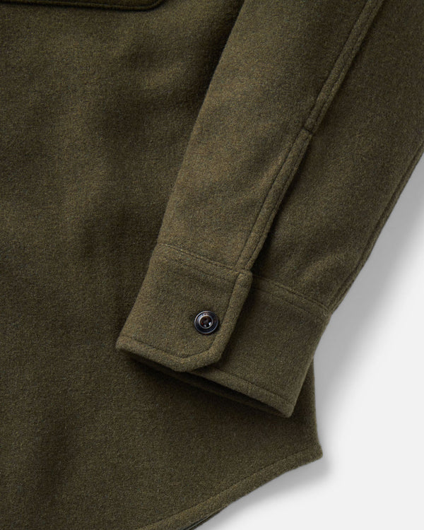 material shot of the sleeve on The Maritime Shirt Jacket in Heather Olive Wool